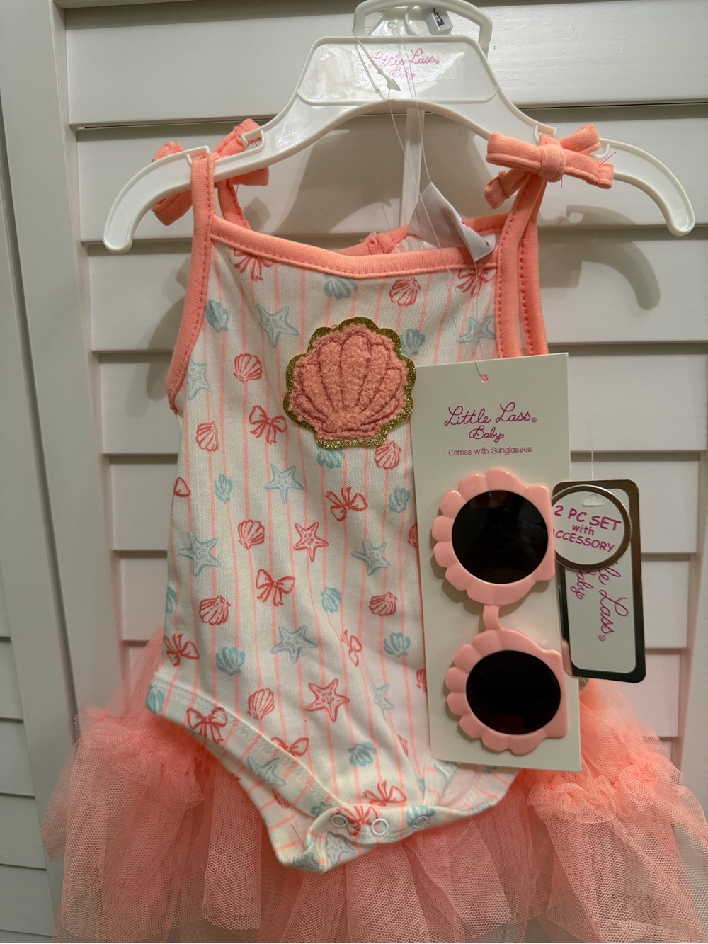 Little Lass Coral and White Seashell Tutu One-Piece with Sunglasses